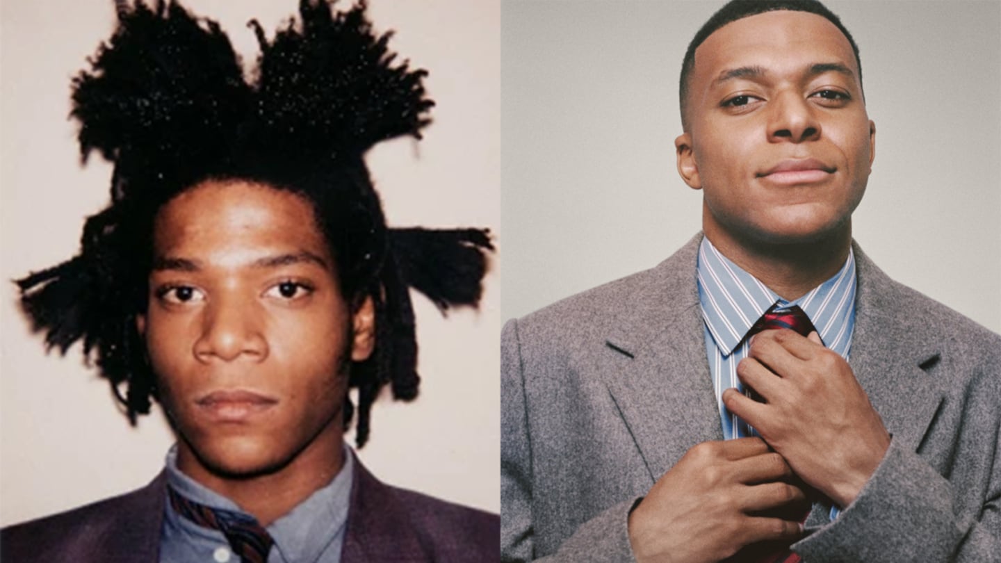 Diptych of Basquiat and Mbappé donning similar suits and ties.